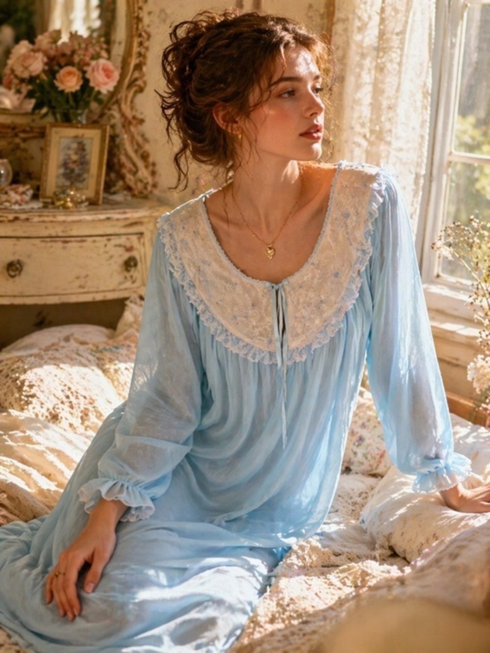Vtg Blue Lace Nightgown Honours Intimates Sheer Nylon Cottagecore Romantic M/L